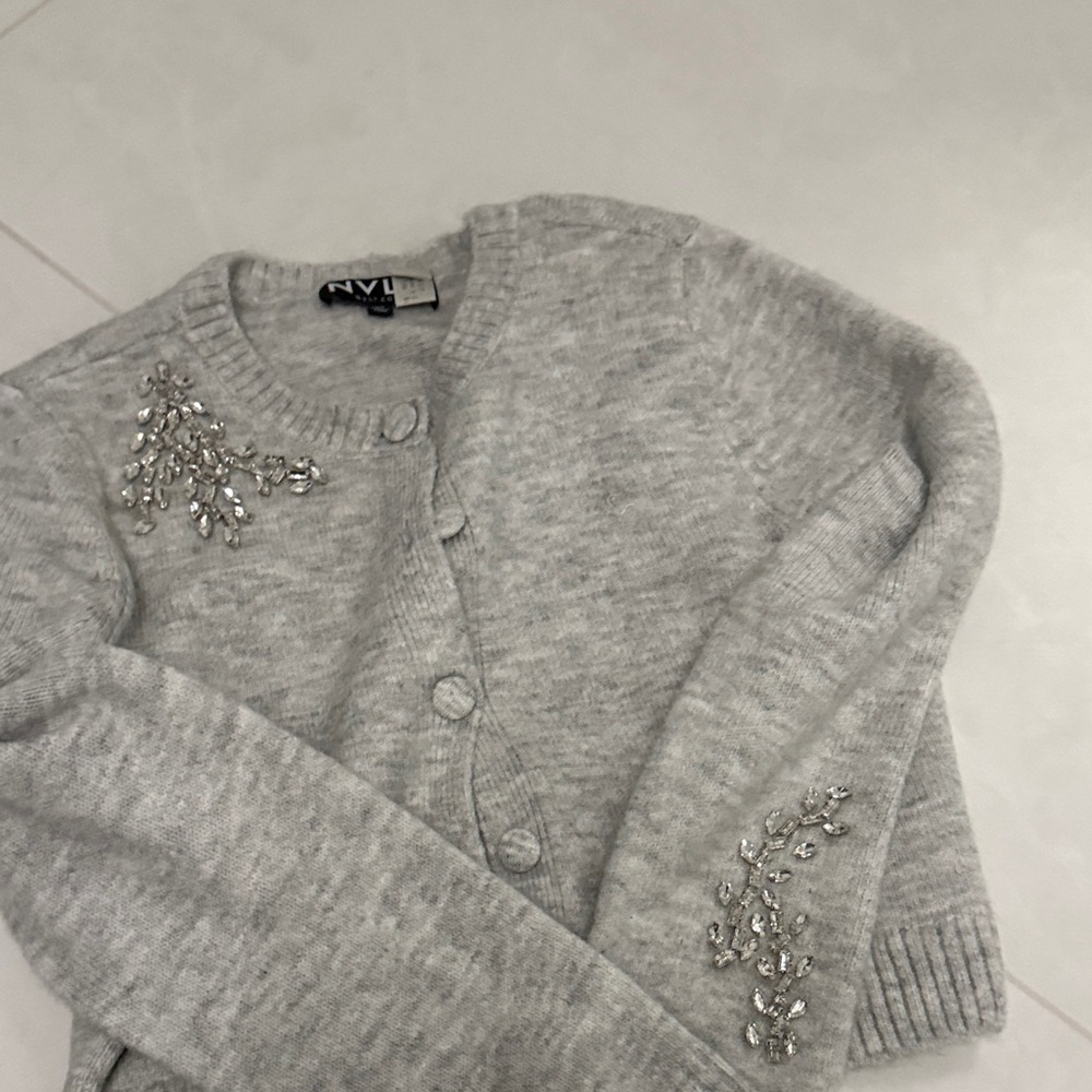 NVLT Light Gray Beaded Crewneck Cardigan
